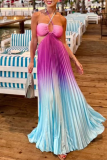Sexy Vacation Gradient Color Strap Design Pleated Contrast Halter Pleated Dresses