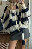 Casual Stripe Buttons Weave Contrast V Neck Tops