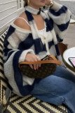 Casual Stripe Buttons Weave Contrast V Neck Tops