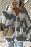 Casual Stripe Buttons Weave Contrast V Neck Tops