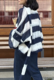 Casual Stripe Buttons Weave Contrast V Neck Tops