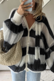 Casual Stripe Buttons Weave Contrast V Neck Tops