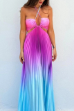Sexy Vacation Gradient Color Strap Design Pleated Contrast Halter Pleated Dresses