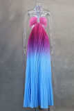Sexy Vacation Gradient Color Strap Design Pleated Contrast Halter Pleated Dresses