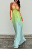 Sexy Vacation Gradient Color Strap Design Pleated Contrast Halter Pleated Dresses