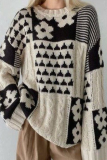 Casual Colorblock Flowers Weave Contrast O Neck Tops