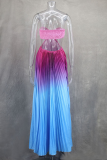 Sexy Vacation Gradient Color Strap Design Pleated Contrast Halter Pleated Dresses