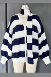 Casual Stripe Buttons Weave Contrast V Neck Tops