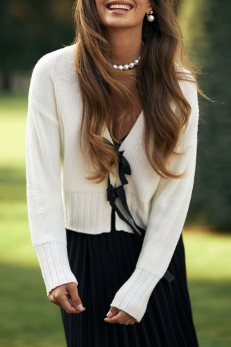 Casual Solid Color Bow Decor Weave V Neck Outerwear