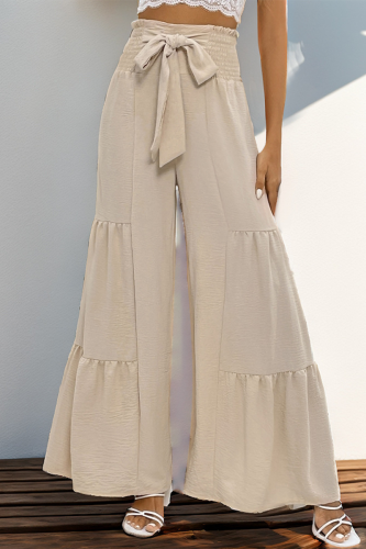 Casual Solid Color Lace Up Ruffle Loose High Waist Wide Leg Solid Color Bottoms