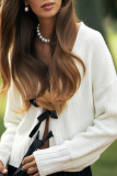 Casual Solid Color Bow Decor Weave V Neck Outerwear