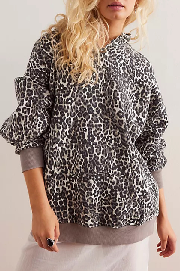 Casual Street Flowers Snakeskin Print Leopard Pocket Hooded Tops