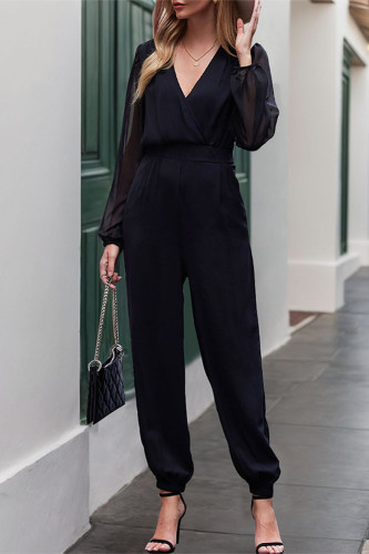 Casual Street Solid Color Pocket V Neck Loose Jumpsuits