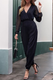 Casual Street Solid Color Pocket V Neck Loose Jumpsuits