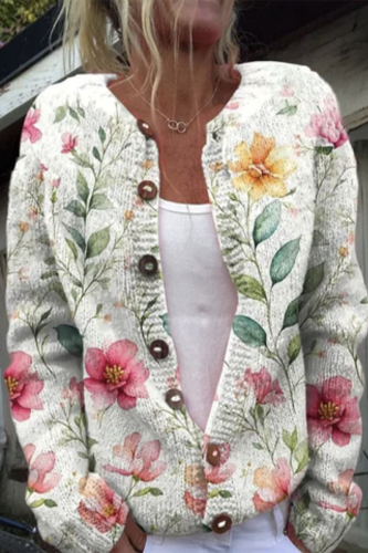 Casual Daily Flowers Printed in imitation of sweater Buttons Contrast O Neck Outerwear