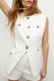 Casual Daily Solid Color Buttons Slit O Neck Tops