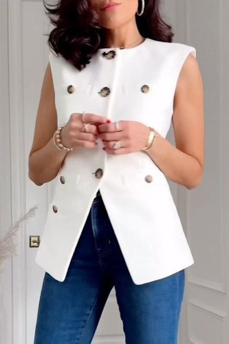 Casual Daily Solid Color Buttons Slit O Neck Tops