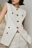Casual Daily Solid Color Buttons Slit O Neck Tops
