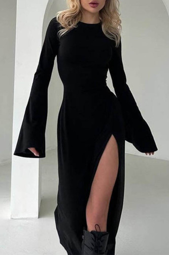 Elegant Solid Color Slit O Neck Wrapped Skirt Dresses