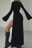 Elegant Solid Color Slit O Neck Wrapped Skirt Dresses
