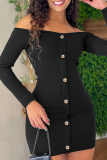 Sexy Solid Color Buttons Patchwork Off Shoulder Wrapped Skirt Dresses