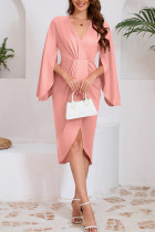 Elegant Solid Color Slit Ruched Irregular V Neck Waist Skirt Dresses
