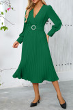 Elegant Solid Color With Belt Weave V Neck Pleated Dresses