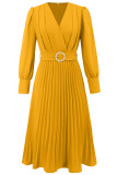 Elegant Solid Color With Belt Weave V Neck Pleated Dresses