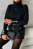 Casual Solid Color Pearls Decor Weave Turtleneck Tops
