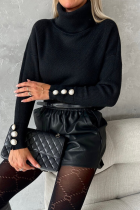 Casual Solid Color Pearls Decor Weave Turtleneck Tops
