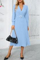 Elegant Solid Color With Belt Weave V Neck Pleated Dresses