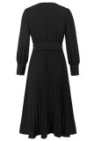 Elegant Solid Color With Belt Weave V Neck Pleated Dresses