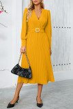 Elegant Solid Color With Belt Weave V Neck Pleated Dresses