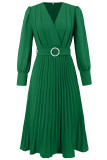Elegant Solid Color With Belt Weave V Neck Pleated Dresses