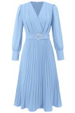 Elegant Solid Color With Belt Weave V Neck Pleated Dresses