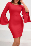 Casual Daily Solid Color Ruffle Slit O Neck Wrapped Skirt Dresses