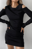 Sexy Solid Color Hollow Out Ruched O Neck Wrapped Skirt Dresses