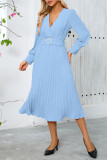 Elegant Solid Color With Belt Weave V Neck Pleated Dresses