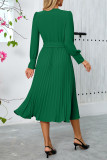 Elegant Solid Color With Belt Weave V Neck Pleated Dresses