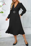 Elegant Solid Color With Belt Weave V Neck Pleated Dresses