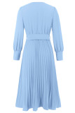 Elegant Solid Color With Belt Weave V Neck Pleated Dresses