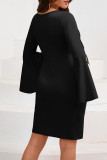Casual Daily Solid Color Ruffle Slit O Neck Wrapped Skirt Dresses