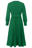 Elegant Solid Color With Belt Weave V Neck Pleated Dresses