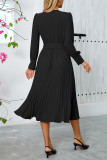 Elegant Solid Color With Belt Weave V Neck Pleated Dresses