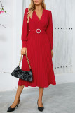 Elegant Solid Color With Belt Weave V Neck Pleated Dresses
