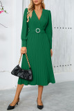 Elegant Solid Color With Belt Weave V Neck Pleated Dresses