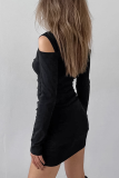 Sexy Solid Color Hollow Out Ruched O Neck Wrapped Skirt Dresses