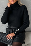 Casual Solid Color Pearls Decor Weave Turtleneck Tops