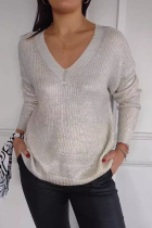 Casual Daily Solid Color Patchwork V Neck Tops