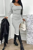 Casual Street Stripe Patchwork Slit Contrast Square Neck Irregular Dresses